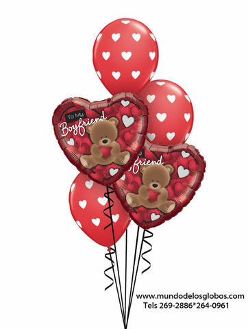 Bouquet de Corazones To My Boyfriend con Osito y Corazoncitos, Globos Rojos con Corazones Blancos