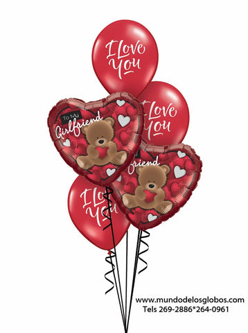 Bouquet de Corazones To My Girlfriend con Osito y Corazoncitos, Globos I Love You