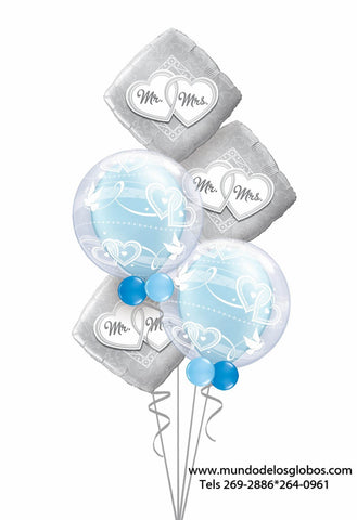Bouquet de Diamantes Mr. & Mrs. con Burbuja de Palomas conteniendo Globos Celestes