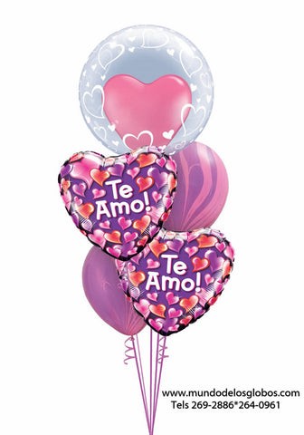 Bouquet de Corazones Te Amo con Corazoncitos y Burbuja conteniendo Corazon Rosa, Globos Tie Dye