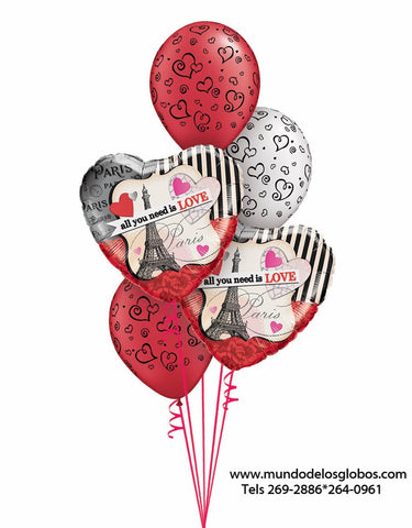 Bouquet de Corazones All You Need is Love, Paris y la Torre Eiffel, con Globos con Corazoncitos