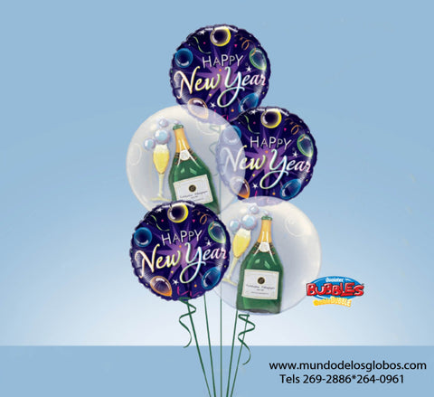 Bouquet de Feliz Año Nuevo con Burbujas de Botella y Copas de Champan y Globos Happy New Year
