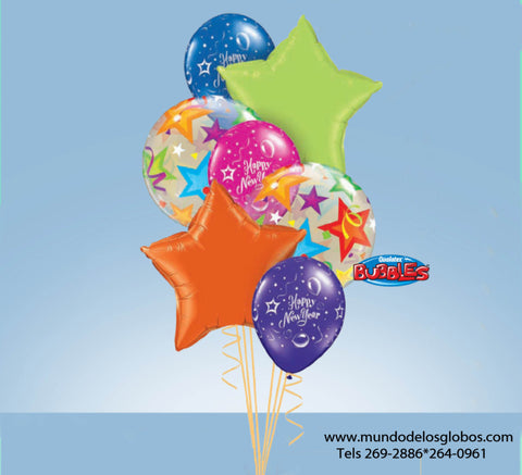 Bouquet de Globos Happy New Year, Globos Estrella y Burbujas con Estrellas