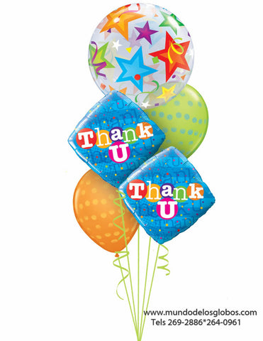 Bouquet Feliz Dia de la Secretaria, Diamantes Thank You, con Burbuja de Estrellas, y Globos de Colores