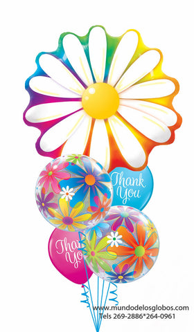Bouquet Feliz Dia de la Secretaria, Margarita Gigante, Burbujas de Flores, y Globos Thank You