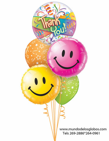 Bouquet Feliz Dia de la Secretaria, Caritas Felices, Burbuja Thank You, Globos de Colores con Estrellas