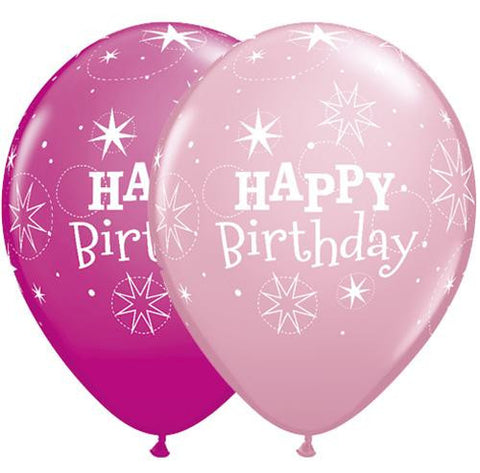 11" Redondo Par Rosa y Cereza Intenso, Happy Birthday con Estrellas Brillantes