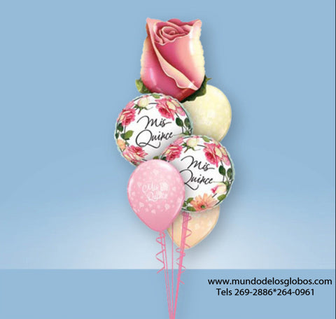 Bouquet de Quince Años Con Globos Mis Quince, Globo de Rosa y Globos Quinceañera Rosados