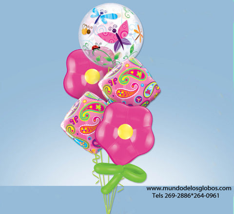Bouquet de Diamantes con Burbuja con Mariposas y Globos en forma de Flores