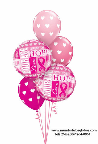Bouquet Contra el Cancer, Courage, Strength, Love & Hope, con Globos de Corazones Rosa