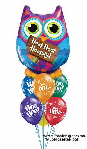 Bouquet de Felicidades con Buho Gigante Hoot Hoot Hooray y Globos de Colores Woo Hoo You Did It!