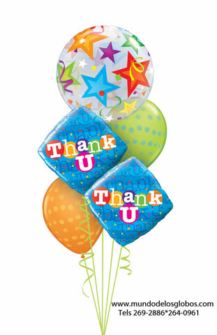 Bouquet Thank You con Diamantes Thank U, Burbuja de Estrellas, y Globos de Bolas de Colores