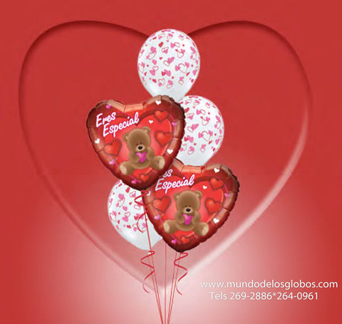 Bouquet Eres Especial Rojo de Corazones con Ositos, Corazoncitos Rosa en Blanco