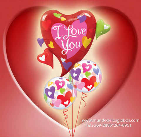 Bouquet de Corazon Gigante I Love You con Burbujas de Corazones de Colores