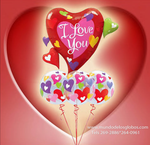 Bouquet de Corazon Gigante I Love You con tres Burbujas de Corazones de Colores