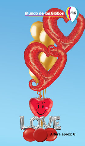 Bouquet de Silueta de corazones rojos con globos, corazón metálico y globos lisos con base de globo gigante LOVE plateado y globos lisos.
