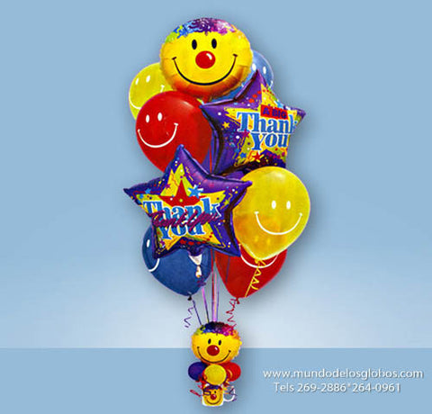 Arreglo de Estrellas Thank You con Caritas Felices y Globos de Colores, Base de Taza de Carita Feliz