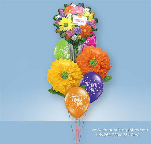 Bouquet Thank You con Globo de Ramos de Flores, Globos de Flores y Globos Thank You de Colores