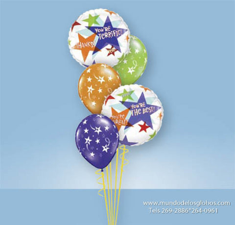 Bouquet Thanks, You are Great! You are Terrific! You are the Best! con Globos con Estrellas de Colores