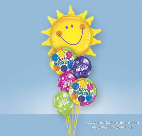 Bouquet con Girasol Gigante con Globos You are Appreciated y Globos de Colores You are the Best!