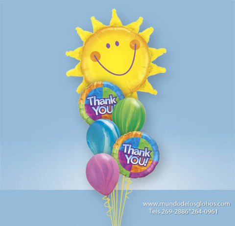 Bouquet con Girasol Gigante con Globos Thank You y Globos de Colores Tie Dye