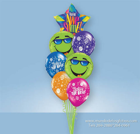 Bouquet con Estrella You are Awesome! con Caritas Felices y Globos de Colores You are the Best!