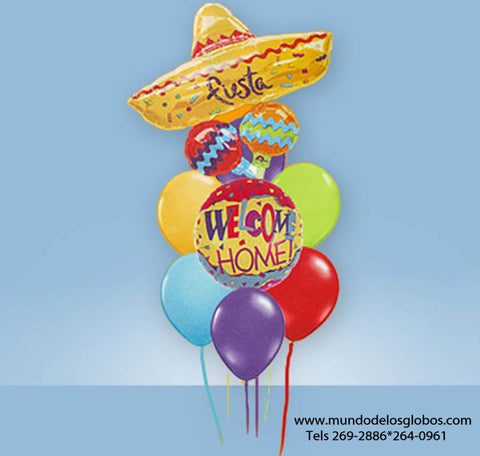 Bouquet con Sombrero Fiesta Gigante con Maracas, Globo Welcome Home y Globos de Colores