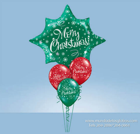 Bouquet de Estrella Gigante Merry Christmas y Globos Feliz Navidad Rojos y Verdes