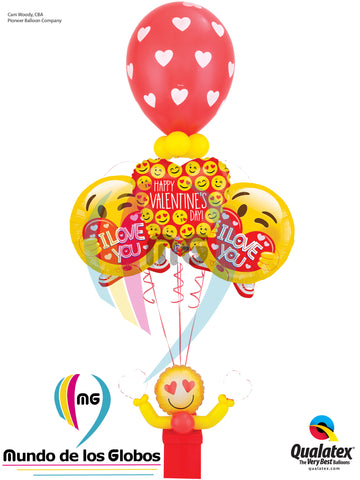 Corazón Happy Valentines Day Emoticons de 18" pulgadas metálico y I love You Carita Emoticon de 18" más globos látex c/ helio y base carita enamorada