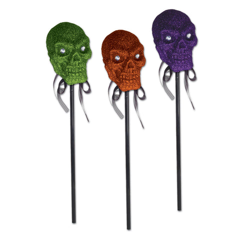 Glittered Plastic Skulls w/Stick, Size 16"