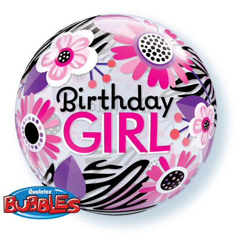 22" Burbuja, Birthday Girl, Rayas de Zebra con Flores
