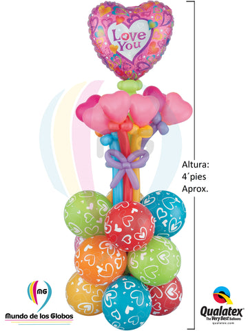 Pedestal: Corazon "I Love You" de 18" Holografico con ramo de corazones látex y base de globos de 3 tutus.