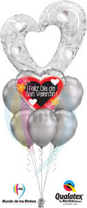 Corazón Silueta Plata y Blanco de 36" pulgadas Metálico & Corazón Feliz Día de San Valentin de 18" metalico con globos chrome plata