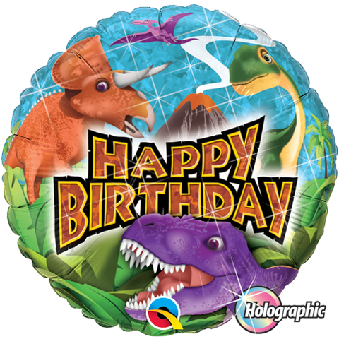 18" Redondo, Holografico, Happy Birthday, Dinosaurios