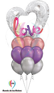 Corazón Silueta Plata & Blanco Metálico Gigante de 36" pulgadas con palabra "Love" metálico grande y globos chrome c/ helio
