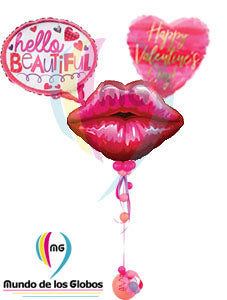Labios Gigante Metálico con Mensaje de Hello Beautiful y Corazon Metalico Happy Valentines Day