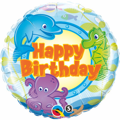 18" Redondo, Happy Birthday, Creaturas de Mar Divertidas