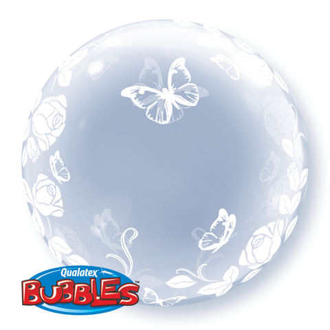 24" Burbuja Deco con Rosas y Mariposas Blancas