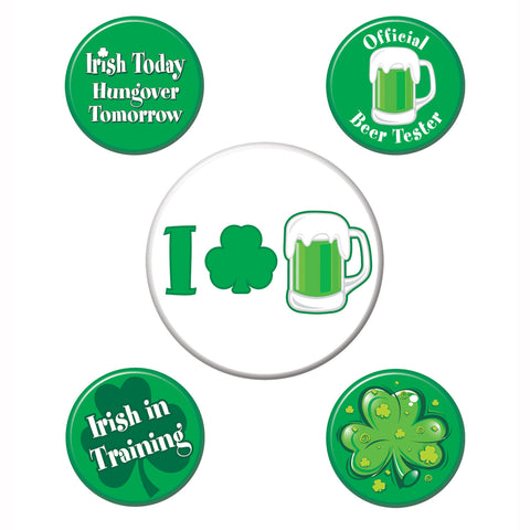 St Patrick's Party Buttons, Size 2-1/3" & 1-1/3"