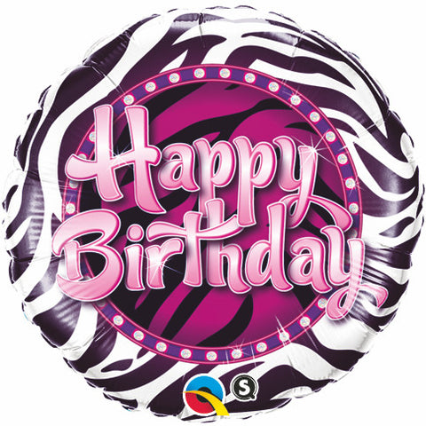 18" Redondo, Happy Birthday, Rayas de Zebra