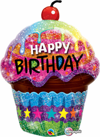 35" Cupcake Holografico, Happy Birthday, Cupcake Resplandeciente
