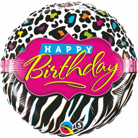 18" Redondo, Happy Birthday, Rayas de Zebra y Manchas de Leopardo