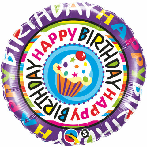 18" Redondo, Happy Birthday, Cupcake, Diseño de Colores