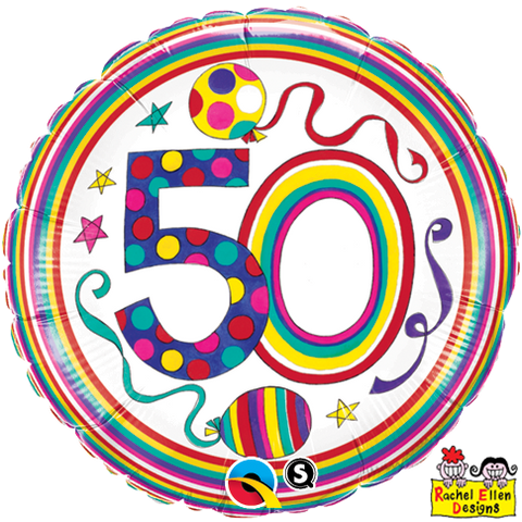 18" Redondo, 50 Años, Rayas y Bolas de Colores