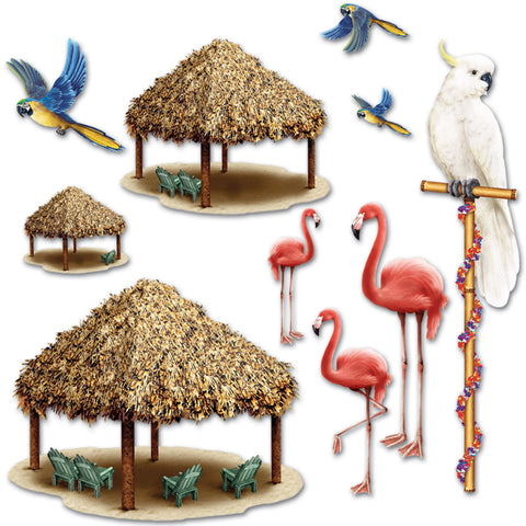 Tiki Hut & Tropical Bird Props, Size 8"-4' 2"
