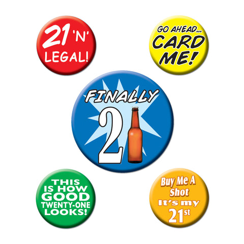 21st Birthday Party Buttons, Size 2-1/3" & 1-1/3"