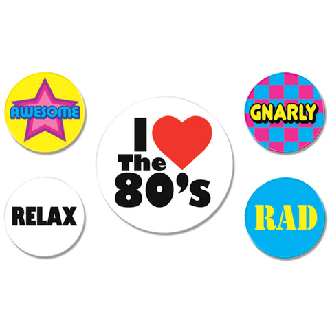 80's Party Buttons, Size 2-1/3" & 1-1/3"