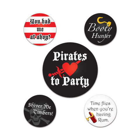 Pirate Party Buttons, Size 2-1/3" & 1-1/3"