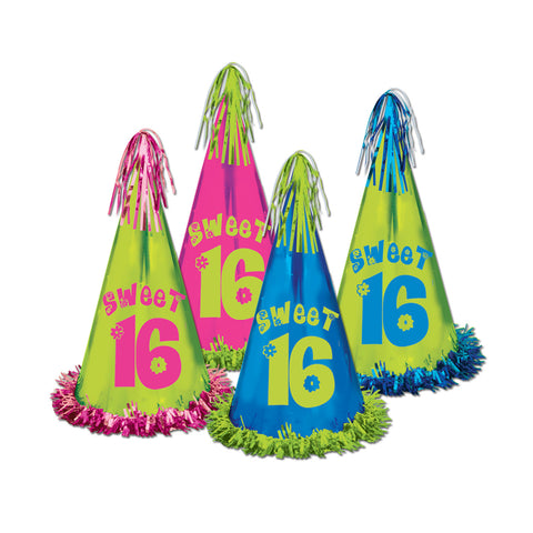 Fringed Foil Sweet 16 Party Hats, Size 12½"