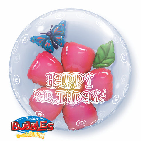 24" Burbuja Doble, Happy Birthday con Flor y Mariposa